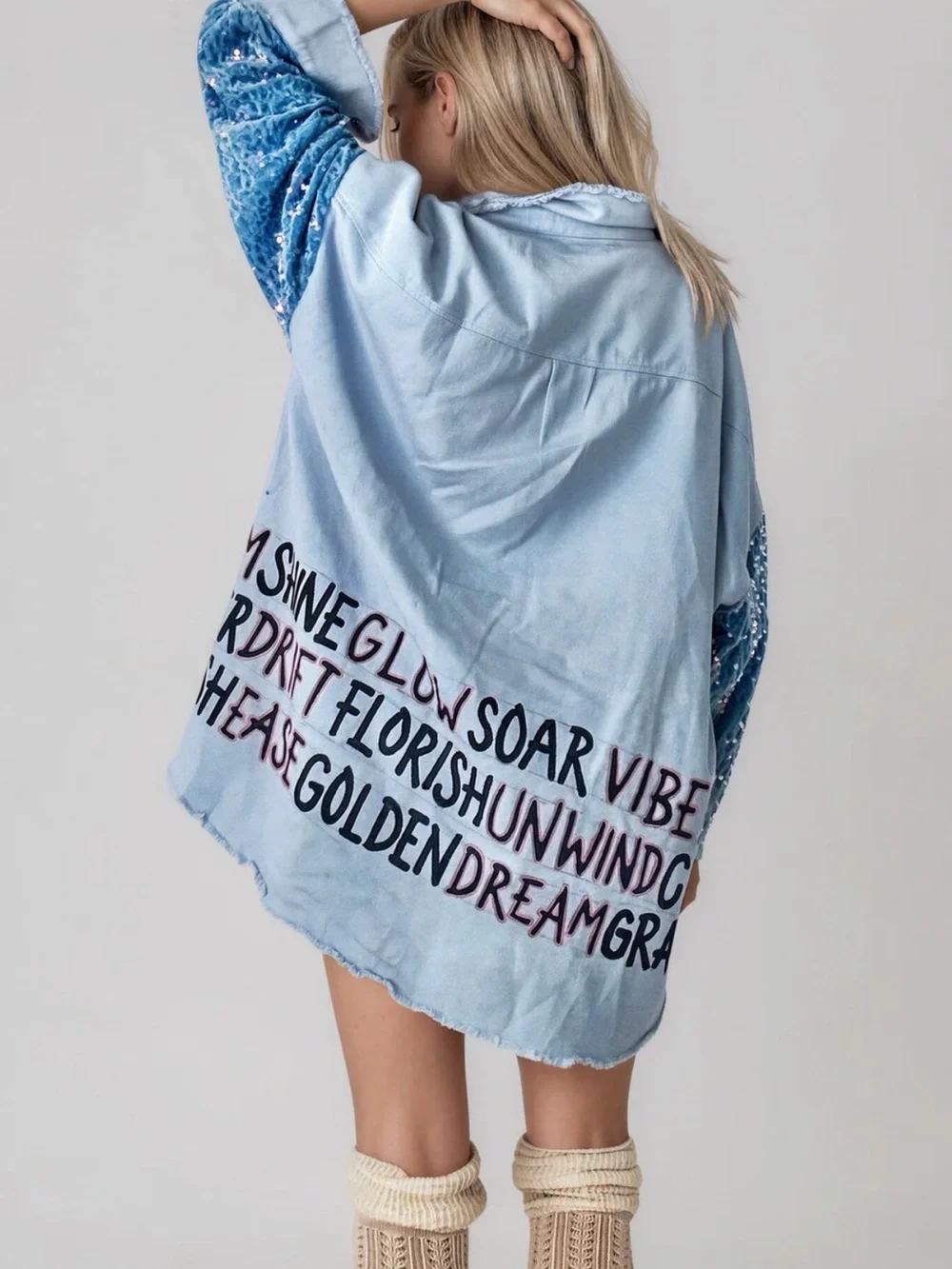 Wren + Glory Drift Days Light Blue Sequin-Sleeve Graphic Jean Jacket/Shirt